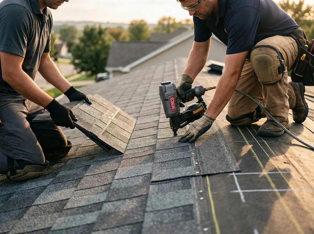 Professional roofer working on a residential roof in Fresno